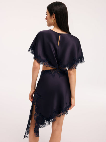 Lace Trim Satin Cut-Out Capelet Mini Dress
