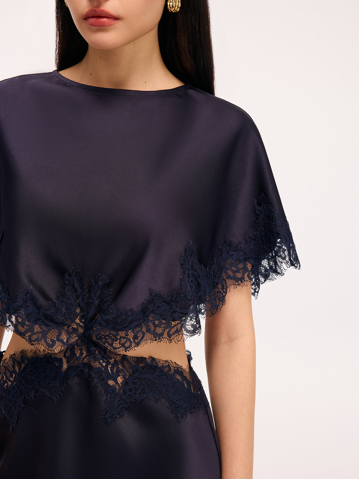 Lace Trim Satin Cut-Out Capelet Mini Dress