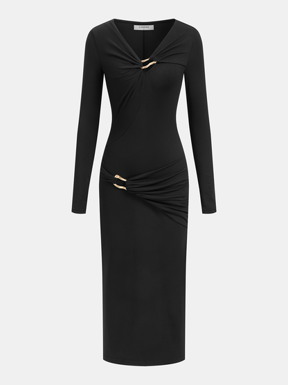 Metal Detail Long-Sleeve Midi Dress