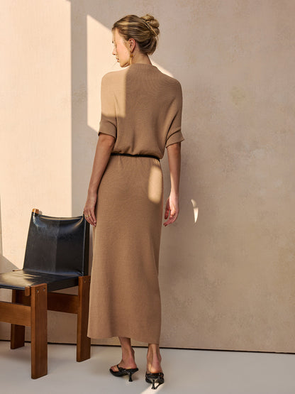 Belted Ribbed Knit Midi Dress
