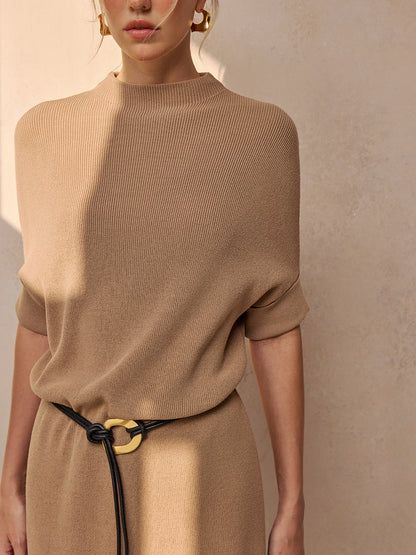 Belted Ribbed Knit Midi Dress