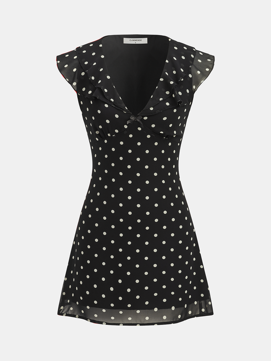 Polka Dot V-Neck Ruffle Dress