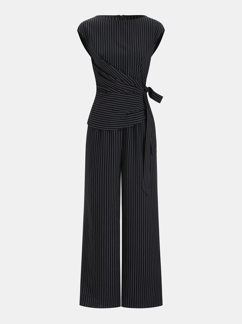 Striped Tie Waist Wide Leg Jumpsuit