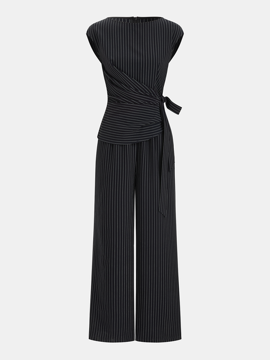 Striped Tie Waist Wide Leg Jumpsuit