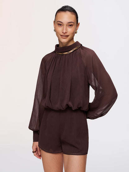 Semi-Sheer Chiffon Lantern Sleeve Romper