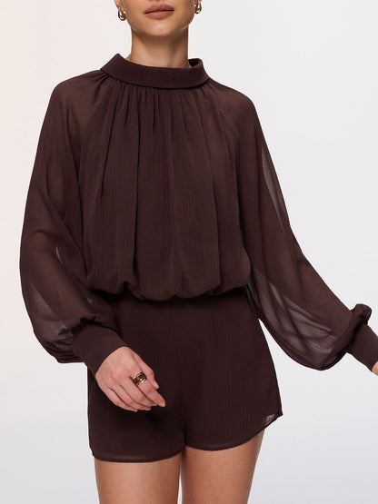 Semi-Sheer Chiffon Lantern Sleeve Romper