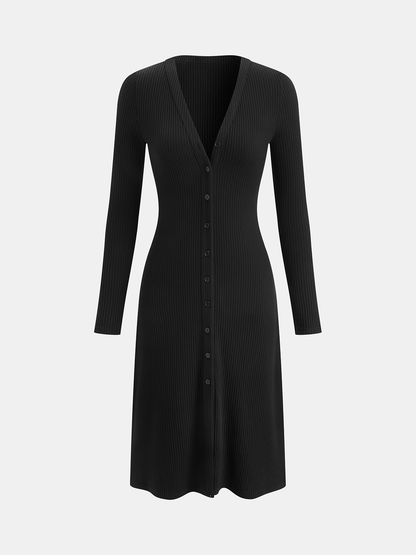 Long Sleeve Rib Knit Button Down Midi Dress