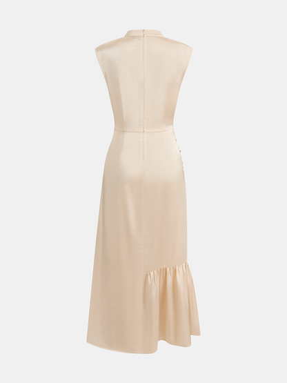 Sleeveless Ruched Split Satin Midi Dress