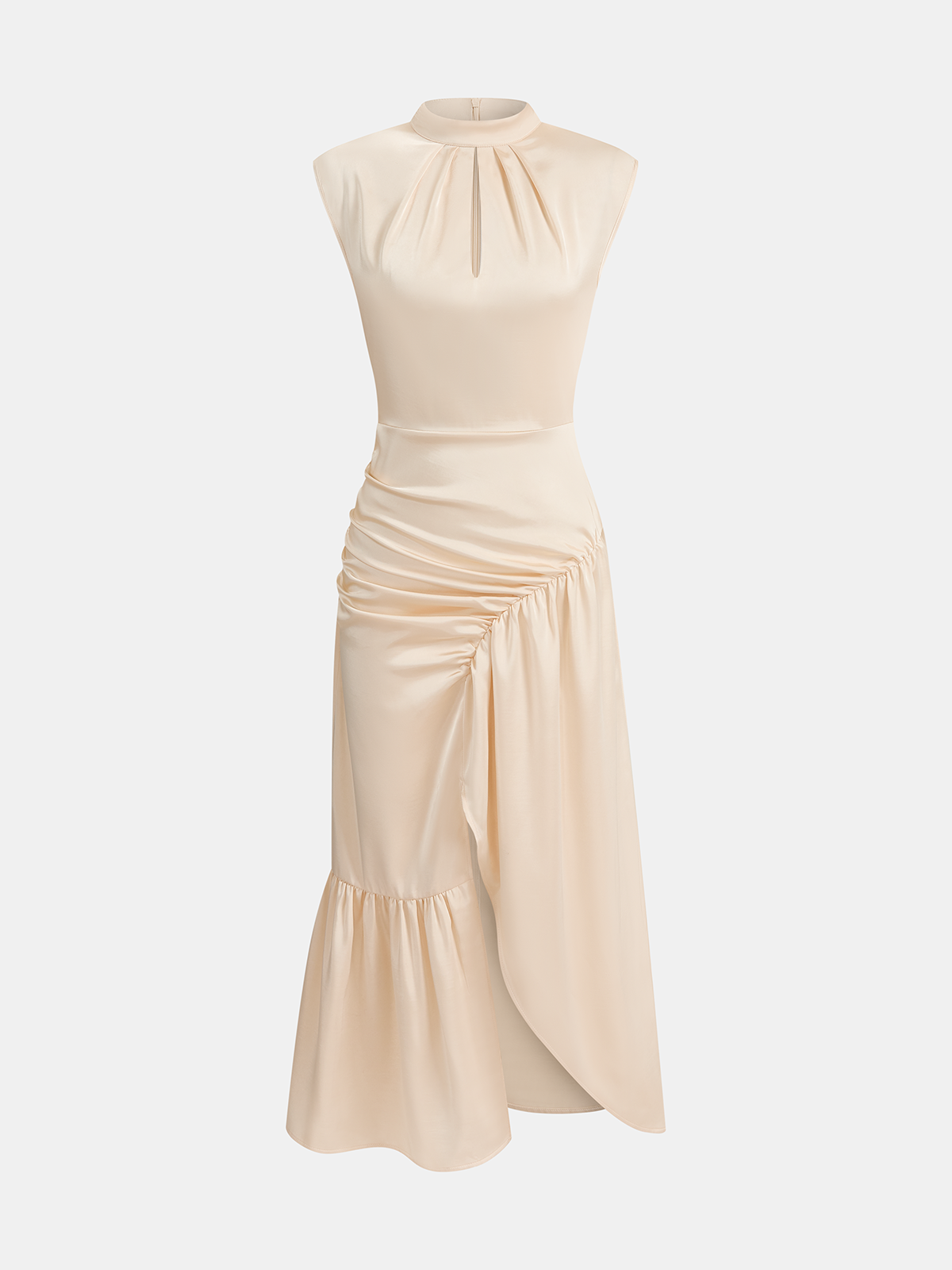 Sleeveless Ruched Split Satin Midi Dress