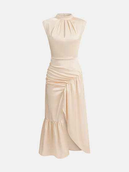 Sleeveless Ruched Split Satin Midi Dress