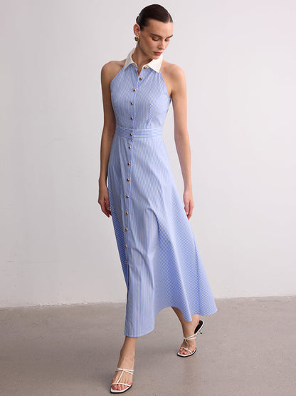 Collared Striped Sleeveless Buttoned Maxi Dress