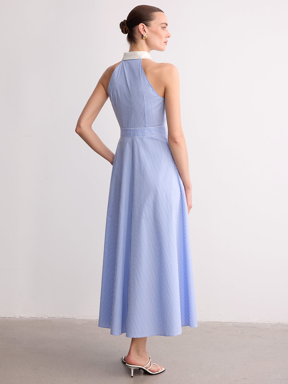Collared Striped Sleeveless Buttoned Maxi Dress