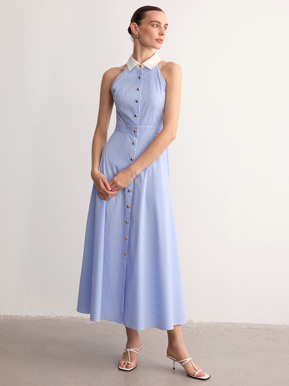 Collared Striped Sleeveless Buttoned Maxi Dress