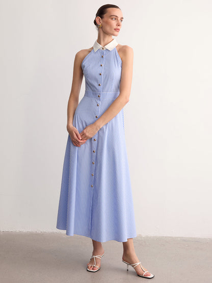Collared Striped Sleeveless Buttoned Maxi Dress