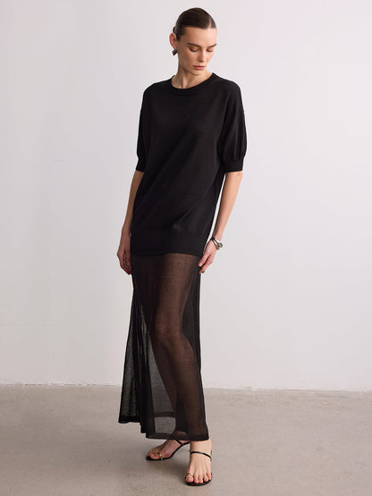 Short Sleeve Sheer Hem Knit Maxi Dress