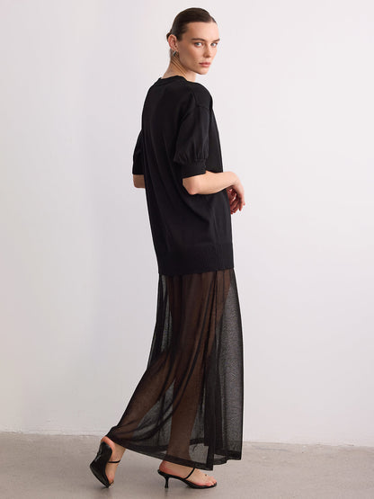 Short Sleeve Sheer Hem Knit Maxi Dress
