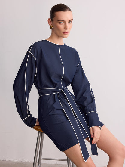 Belted Contrast Piping Long Sleeve Mini Dress