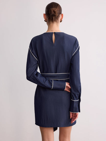 Belted Contrast Piping Long Sleeve Mini Dress