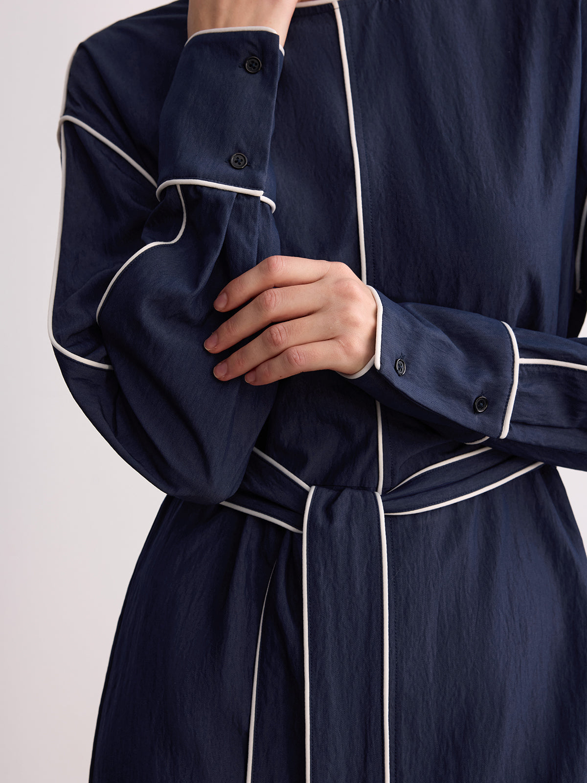 Belted Contrast Piping Long Sleeve Mini Dress