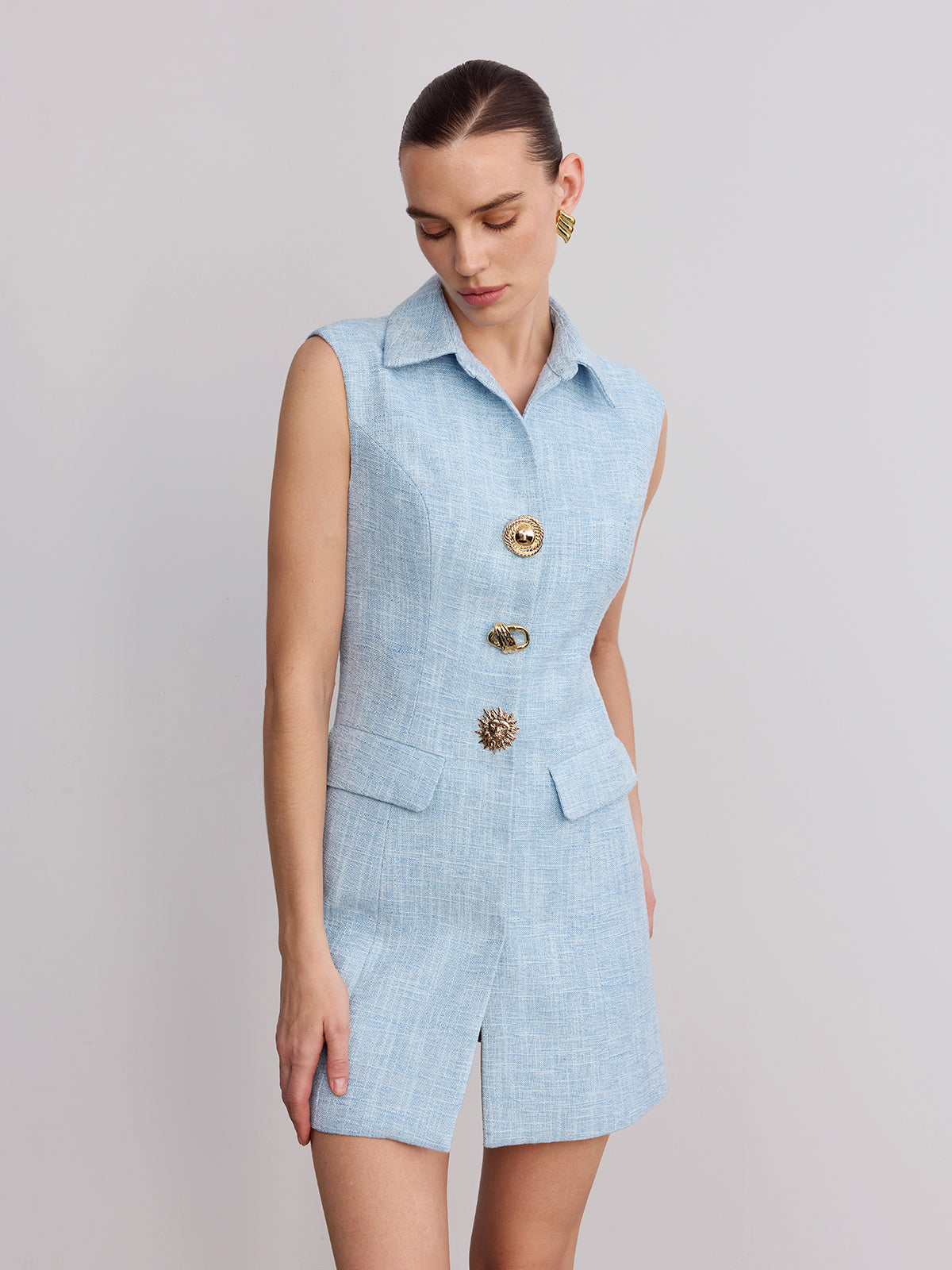 Sleeveless Collared Tweed Mini Dress