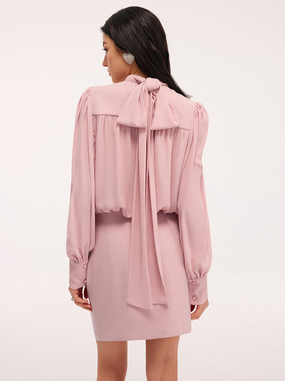Back Bow Detail Puff-Sleeve Blouson Dress