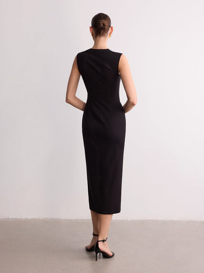 Sleeveless V-Neck Ruched Button-Front Midi Dress