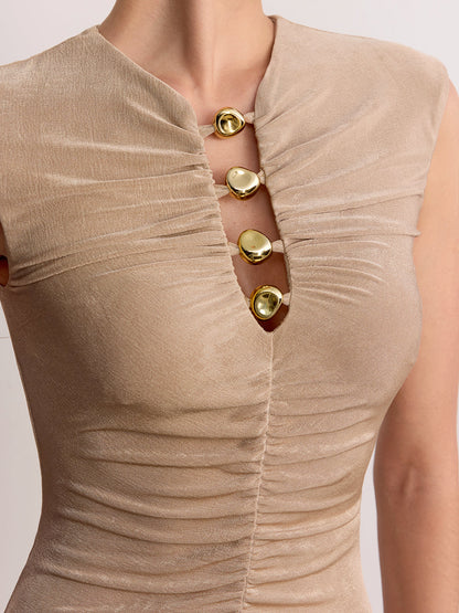 Metal Detail Sleeveless Ruched Maxi Dress