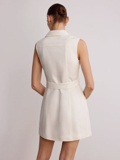 Blazer Collar Sleeveless Belted Linen Mini Dress