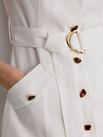 Blazer Collar Sleeveless Belted Linen Mini Dress