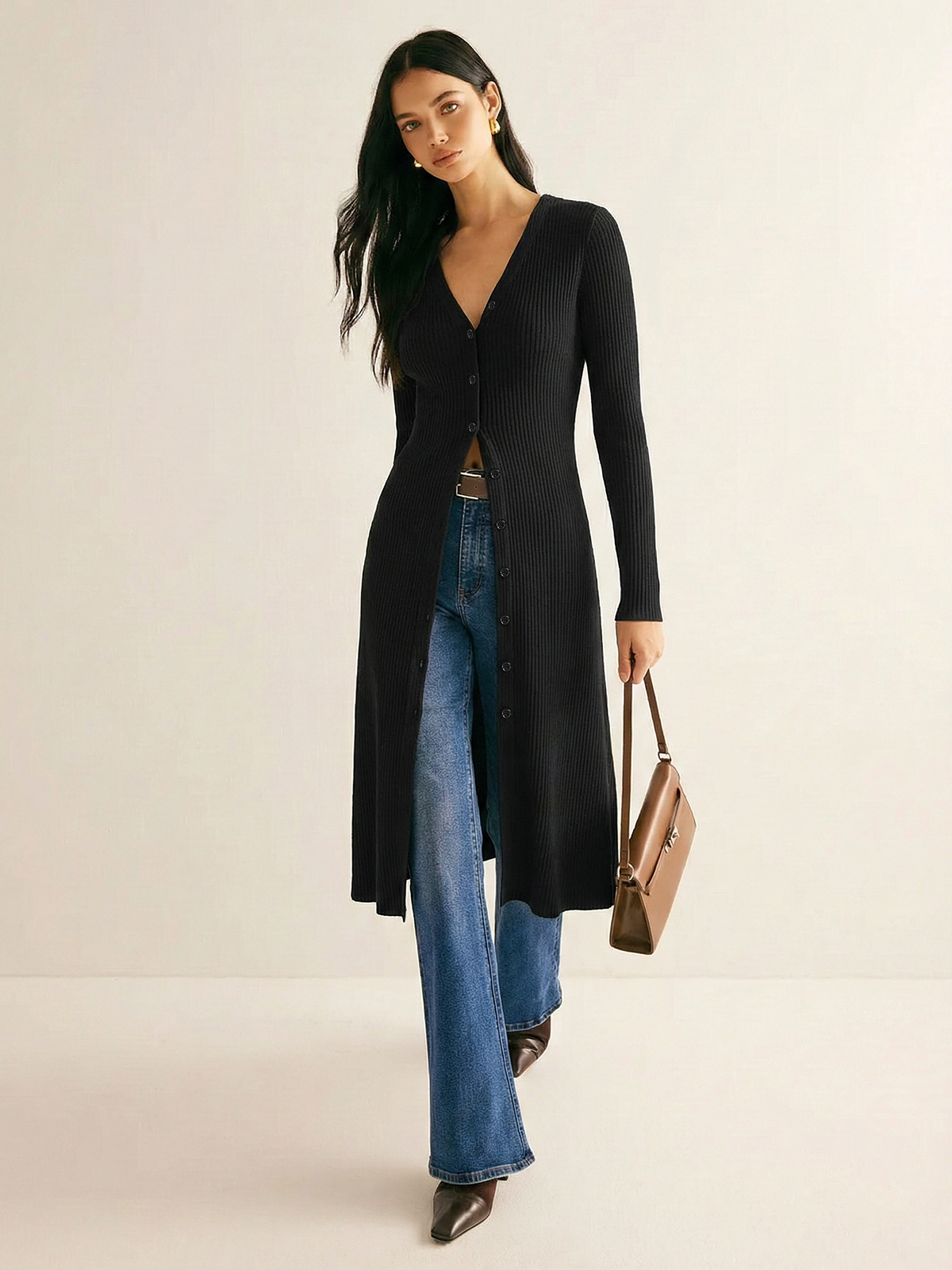 Long Sleeve Rib Knit Button Down Midi Dress