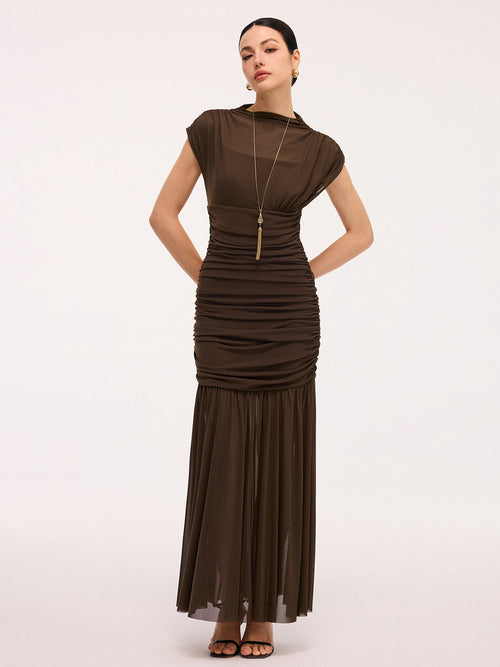 Semi-Sheer Ruched Mesh Cap Sleeve Maxi Dress
