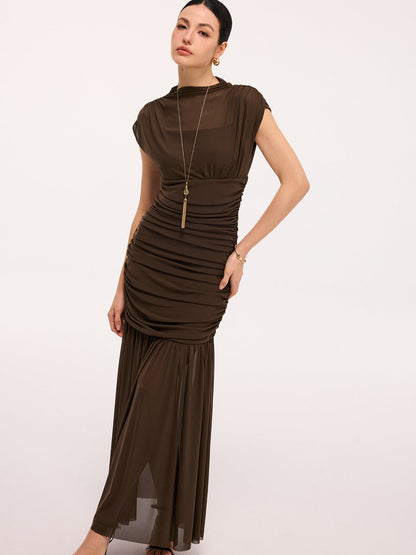 Semi-Sheer Ruched Mesh Cap Sleeve Maxi Dress
