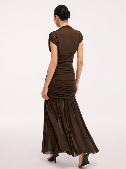 Semi-Sheer Ruched Mesh Cap Sleeve Maxi Dress