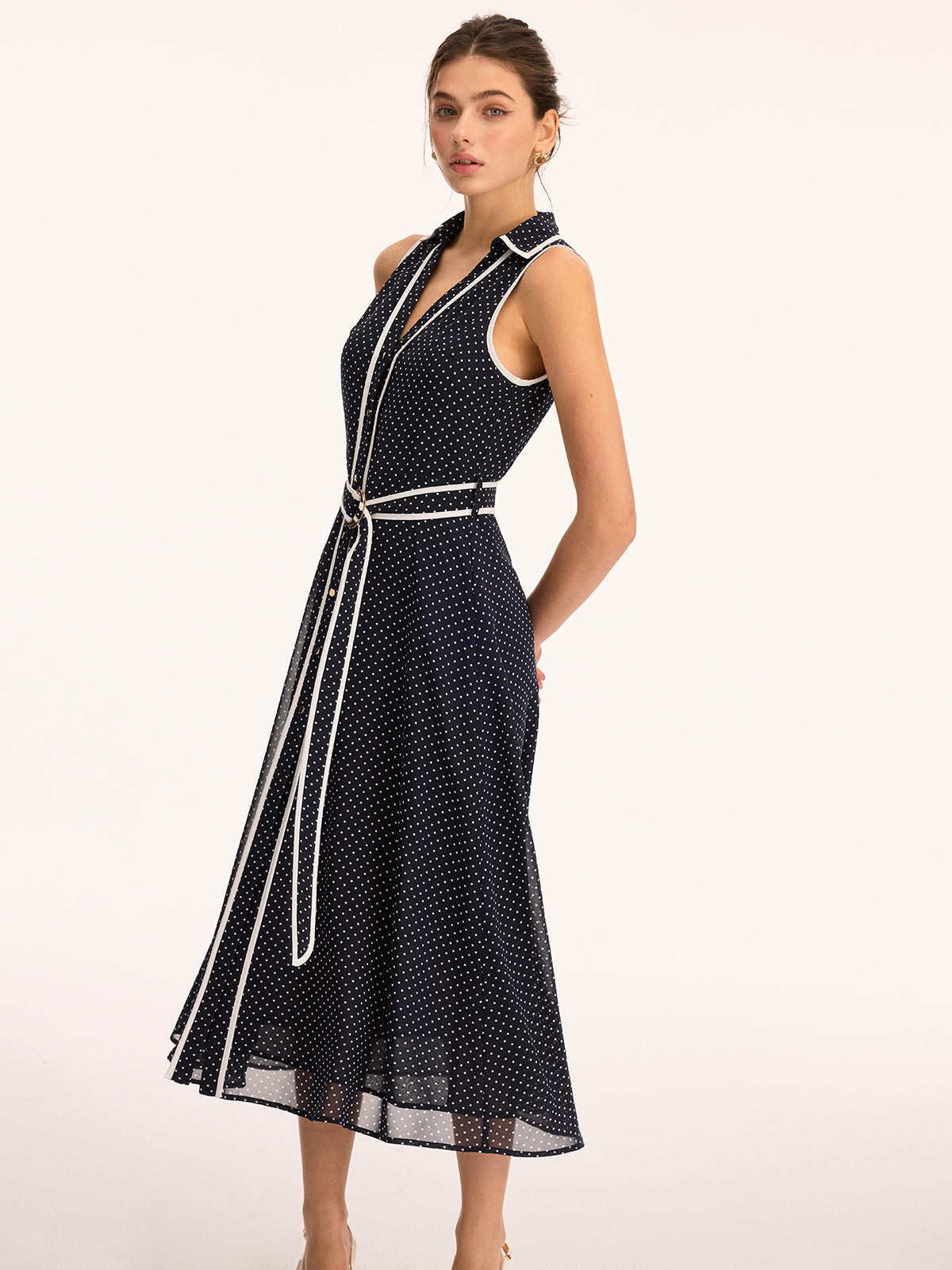 Polka Dot Belted Sleeveless Maxi Dress