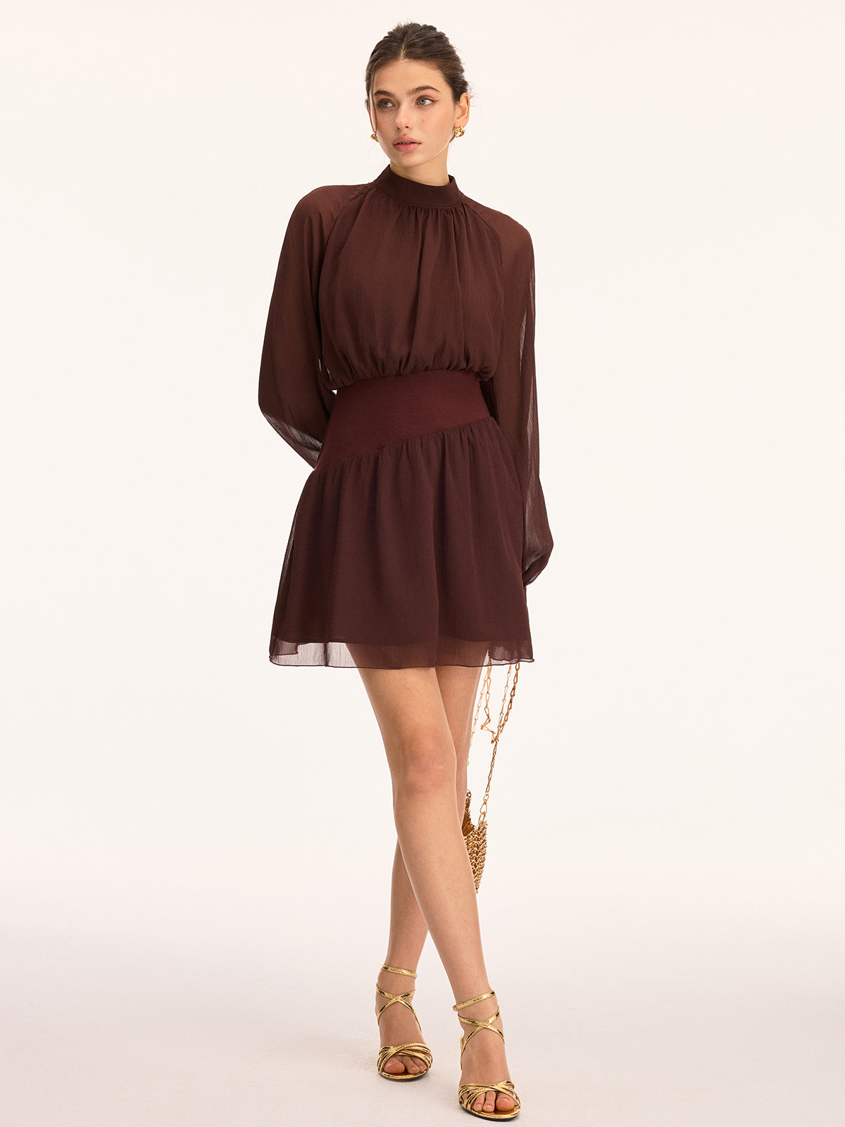 High Neck Waist-Cinching Chiffon Mini Dress