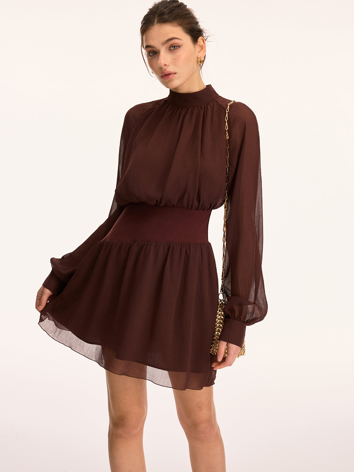 High Neck Waist-Cinching Chiffon Mini Dress