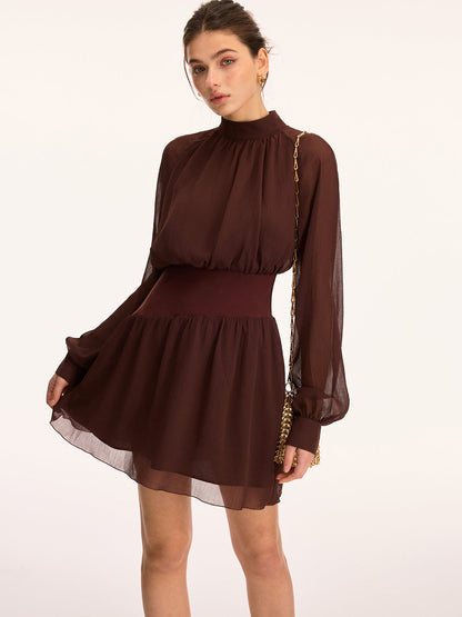 High Neck Waist-Cinching Chiffon Mini Dress
