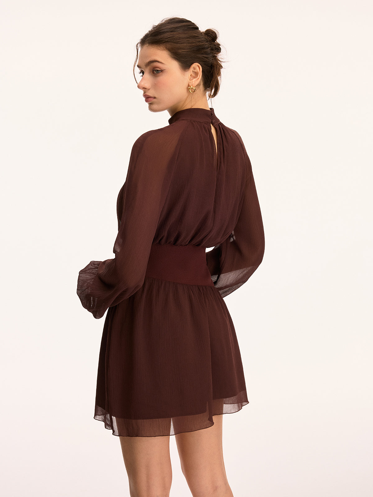 High Neck Waist-Cinching Chiffon Mini Dress