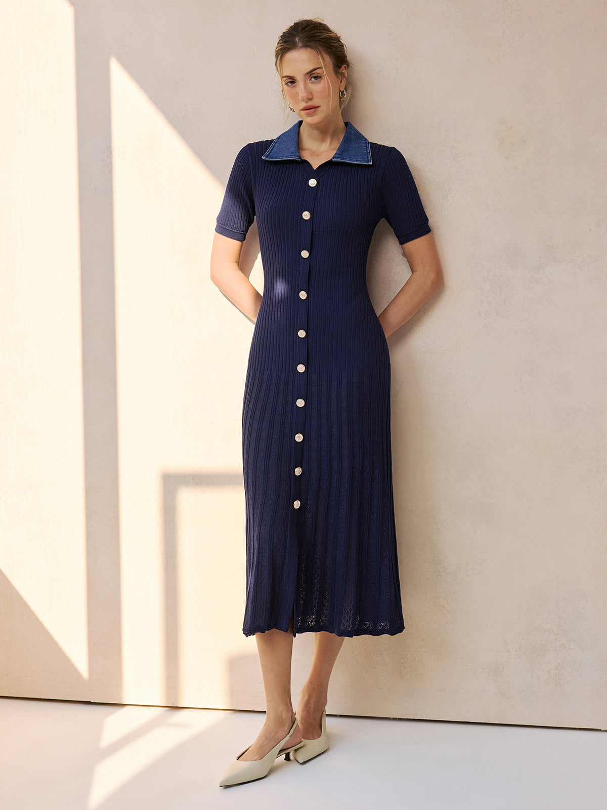 Denim Collar Ribbed Knit Midi Dress