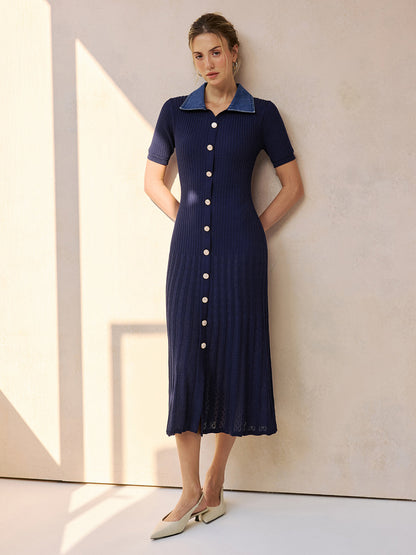 Denim Collar Ribbed Knit Midi Dress