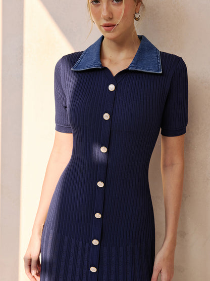 Denim Collar Ribbed Knit Midi Dress