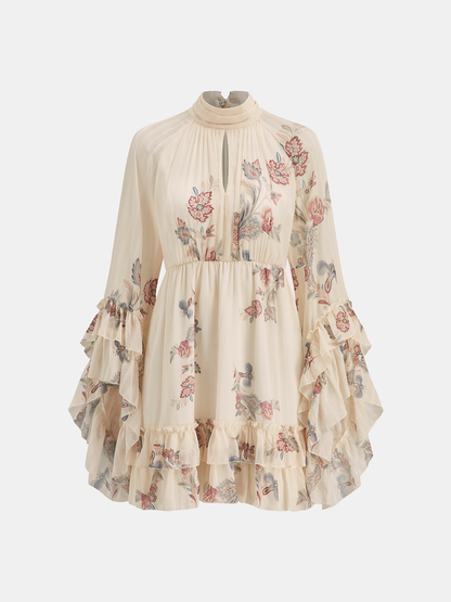 Layered Ruffled Floral Chiffon Mini Dress