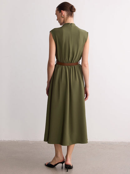 Sleeveless Mock Neck Belted Maxi Dress