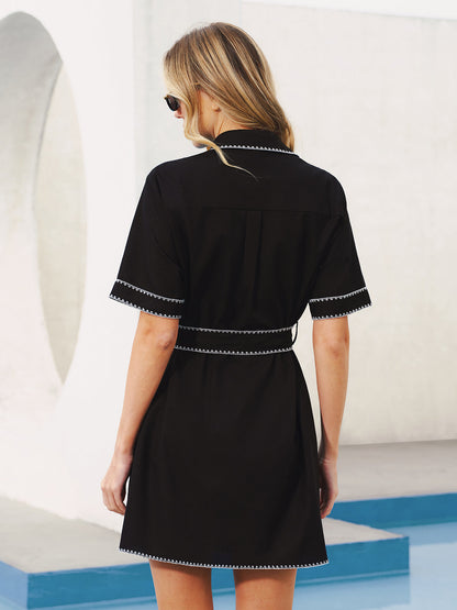 Contrast Stitch Belted Shirt Dress