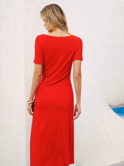 Short Sleeve Knot-Waist Midi Dress