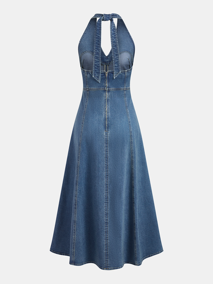 Halter Backless Denim Midi Dress