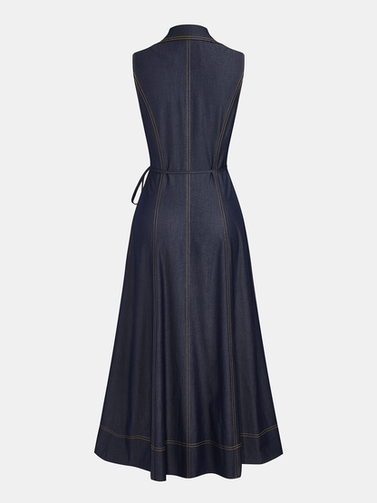 Sleeveless Button Down Belted Denim Maxi Dress