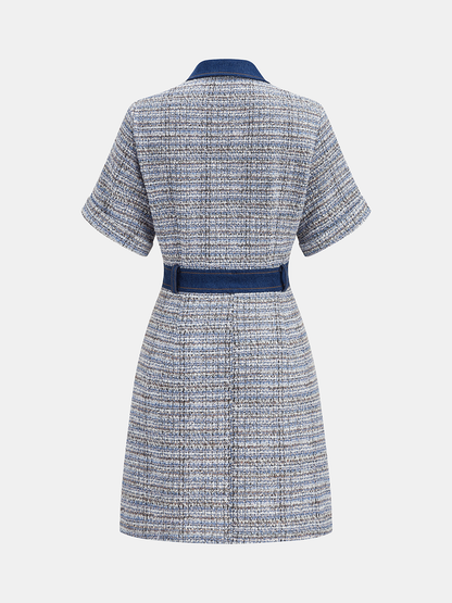 Denim Panel Tweed Mini Shirt Dress