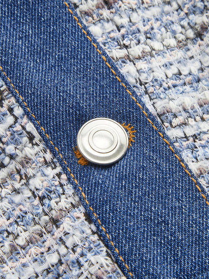 Denim Panel Tweed Mini Shirt Dress