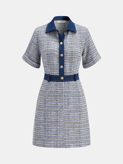 Denim Panel Tweed Mini Shirt Dress